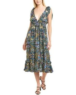 Saic Smocked Silk-Blend Midi Dress Women