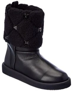 Valentino Roman Stud Leather & Shearling Boot Women